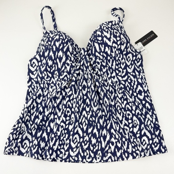 Island Escape Tankini Bikini Top Womens 12 Navy Blue White Pattern Underwire NWT - Picture 1 of 9